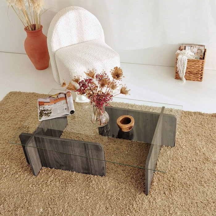 Hanah Home Mesa de centro Escape en Nogal con cristal templado Hanah Home Mesa de centro Escape en Nogal con cristal templado